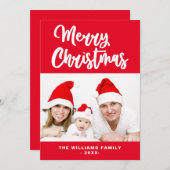 家族の写真赤と白名メリークリスマス シーズンカード (正面/裏面)
