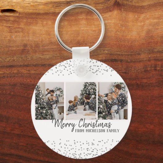 家族の写真 メリークリスマス シルバー コンフェッティ キーホルダー (正面)