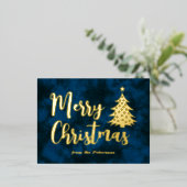 家族の写真 メリークリスマス ツリー 青 金 箔シーズンポストカード (立ち正面)