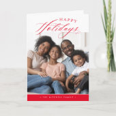 家族の写真 Happy Holidays かわいいカリグラフィー 赤 シーズンカード (正面)