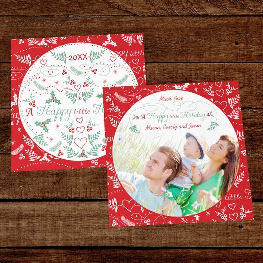 家族の写真aハッピー小さなホリデーグリーンレッド シーズンカード
