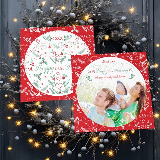 家族の写真aハッピー小さなホリデーグリーンレッド シーズンカード