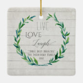 家族の写真nメッセージファームハウスクリスマスリース セラミックオーナメント (裏面)