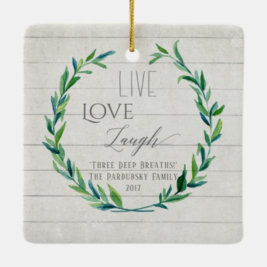 家族の写真nメッセージファームハウスクリスマスリース セラミックオーナメント (裏面)