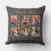 家族の冬の格子灰色の金ゴールドカスタムフォトコラージュ クッション (正面)