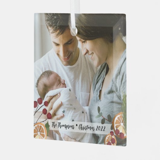 家族の初めてのクリスマス写真カスタムガラスとしての私たち ガラスオーナメント (正面左)