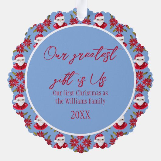 家族の初めてのクリスマス1 Photo Santa Poinsettia オーナメントカード (裏面)