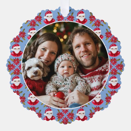 家族の初めてのクリスマス1 Photo Santa Poinsettia オーナメントカード (正面)