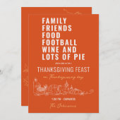 家族の友人フードフットボールワインパイ感謝祭 招待状 (正面/裏面)