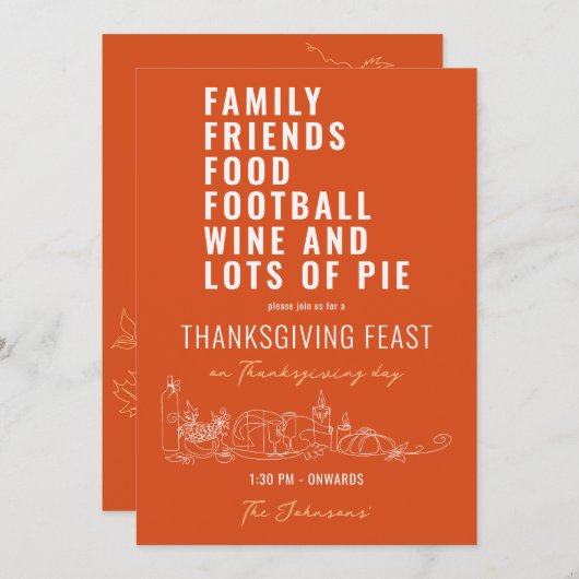 家族の友人フードフットボールワインパイ感謝祭 招待状 (正面/裏面)