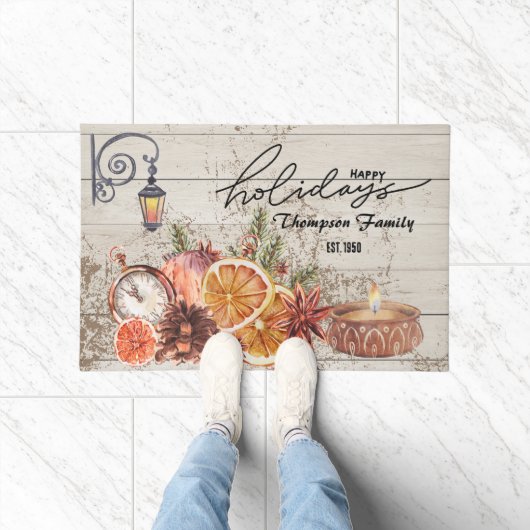 家族の名スタイリッシュ前モダンの素朴な木のクリスマス ドアマット (室内)