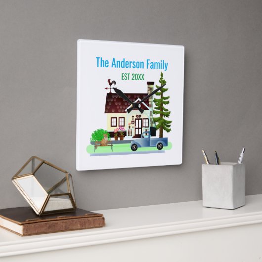 家族の名前が入った新しい家 スクエア壁時計 (オフィス)