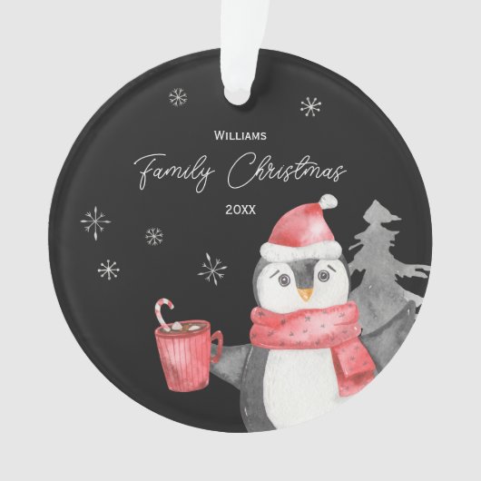 家族の名前と年が素敵なペンギンのクリスマス オーナメント (正面)