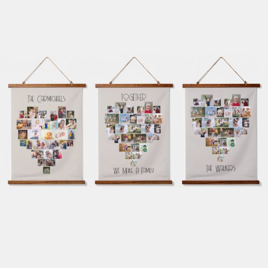 家族の名前のハート形87写真コラージュ 吊り下げ型タペストリー (トリプル)