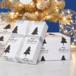 家族の名前をカスタマイズするホワイトブラッククリスマスツリー ラッピングペーパー