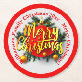 家族の名前を追加する年クリスマスメッセージレッド ラウンドペーパーコースター (正面)