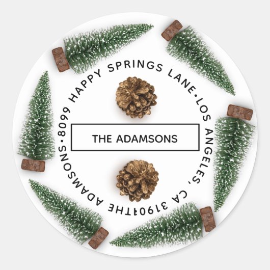 家族の名前アドレスRSVPホワイトクリスマスツリー ラウンドシール (正面)