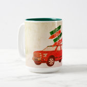 家族の名前ウィンターヴィンテージレッドトラッククリスマスマグ ツートーンマグカップ (正面左)