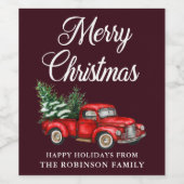 家族の名前クリスマスウォーター色ヴィンテージレッドトラック ワインラベル (シングルラベル)