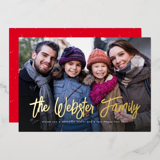 家族の名前クリスマスワンフォトレッド 箔シーズンカード (正面/裏面)