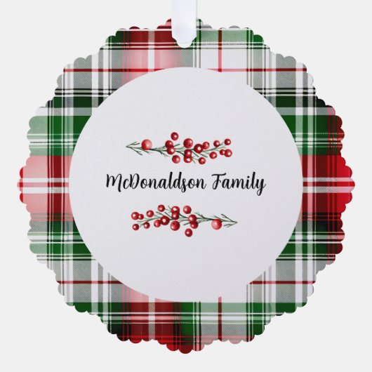 家族の名前クリスマスヴィンテージギフトplaid赤グリーン オーナメントカード (正面)