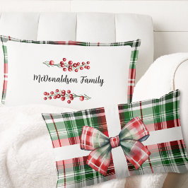 家族の名前クリスマスヴィンテージギフトplaid赤グリーン ランバークッション