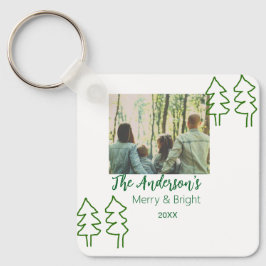 家族の名前グリーンクリスマスツリーの写真モダン キーホルダー