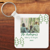 家族の名前グリーンクリスマスツリーの写真モダン キーホルダー (正面)