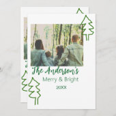 家族の名前グリーンクリスマスツリーの写真モダン シーズンカード (正面/裏面)