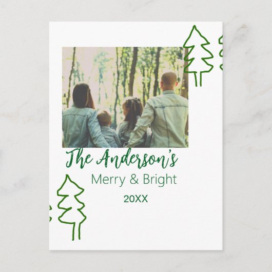 家族の名前グリーンクリスマスツリーの写真モダン ポストカード (正面)