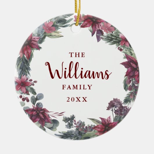家族の名前フォトクリスマスクリスマスフローラ休日 セラミックオーナメント (正面)