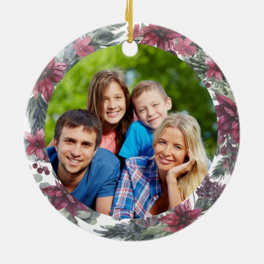 家族の名前フォトクリスマスクリスマスフローラ休日 セラミックオーナメント (裏面)