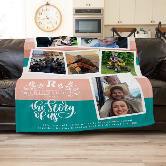 家族の名前フォトコラージュ |ティール（緑がかった色）とピンク フリースブランケット