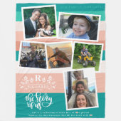 家族の名前フォトコラージュ |ティール（緑がかった色）とピンク フリースブランケット (正面)