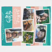 家族の名前フォトコラージュ |ティール（緑がかった色）とピンク フリースブランケット (正面(横))