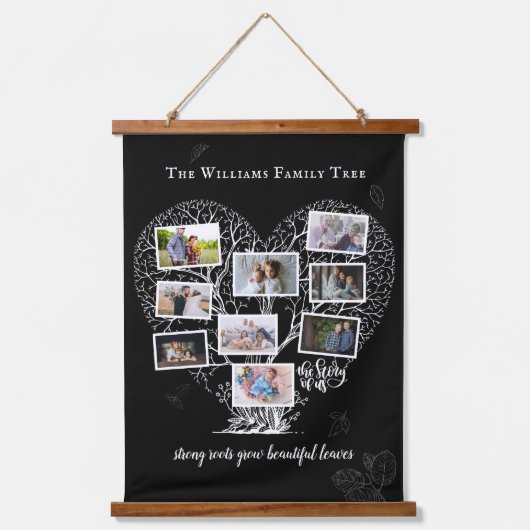 家族の名前フォトコラージュ |ファミリーツリーハート 吊り下げ型タペストリー (正面)