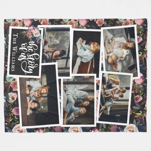 家族の名前フォトコラージュ |黒のフローラ フリースブランケット (正面(横))