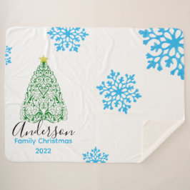 家族の名前モダンクリスマスツリー&きらびやかな雪 シェルパブランケット