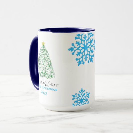 家族の名前モダンクリスマスツリー&きらびやかな雪 マグカップ (正面左)