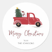 家族の名前レッドトラック雪だるまクリスマスツリー ラウンドシール (正面)