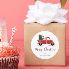 家族の名前レッドトラック雪だるまクリスマスツリー ラウンドシール