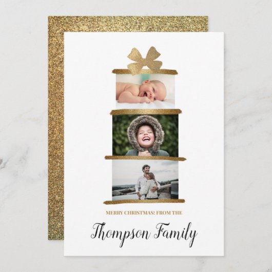 家族の名前写真ギフト贈り物おじぎ金ゴールドクリスマス シーズンカード (正面/裏面)