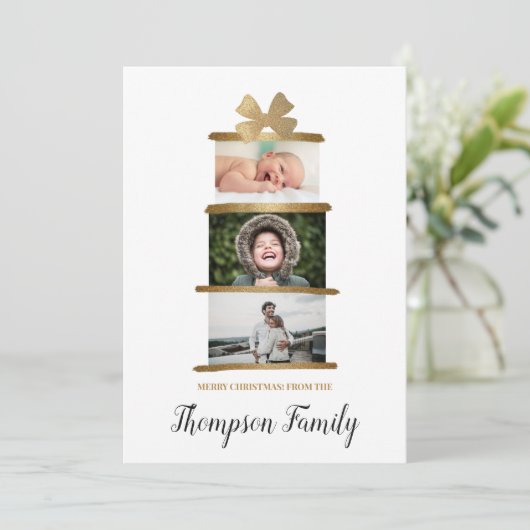 家族の名前写真ギフト贈り物おじぎ金ゴールドクリスマス シーズンカード (スタンド正面)