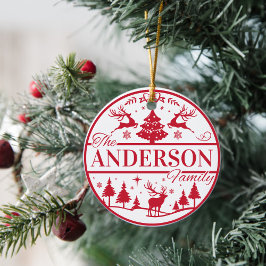 家族の名前赤と白クラシックのカスタムクリスマス セラミックオーナメント