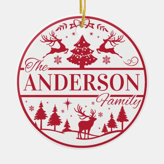 家族の名前赤と白クラシックのカスタムクリスマス セラミックオーナメント (正面)