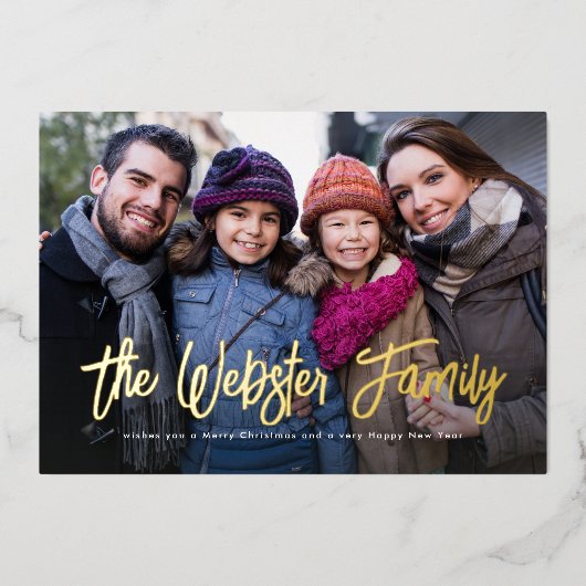 家族の名前2つの写真赤いクリスマス 箔シーズンカード (正面)