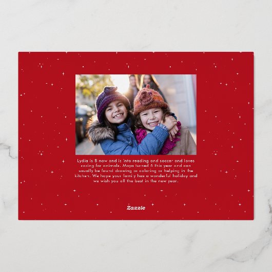 家族の名前2つの写真赤いクリスマス 箔シーズンカード (裏面)