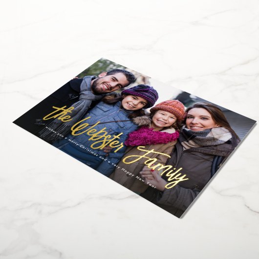 家族の名前2つの写真赤いクリスマス 箔シーズンカード (回転した状態)