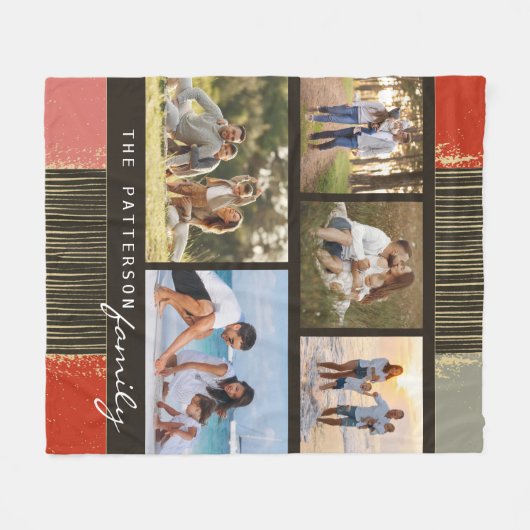 家族の名前5フォトコラージュ素朴抽象芸術 フリースブランケット (正面(横))