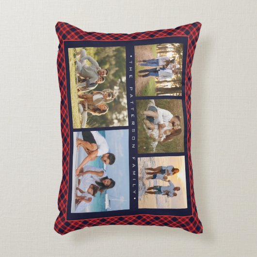 家族の名前5フォトコラージュ赤いプレイドモダン アクセントクッション (正面(垂直))